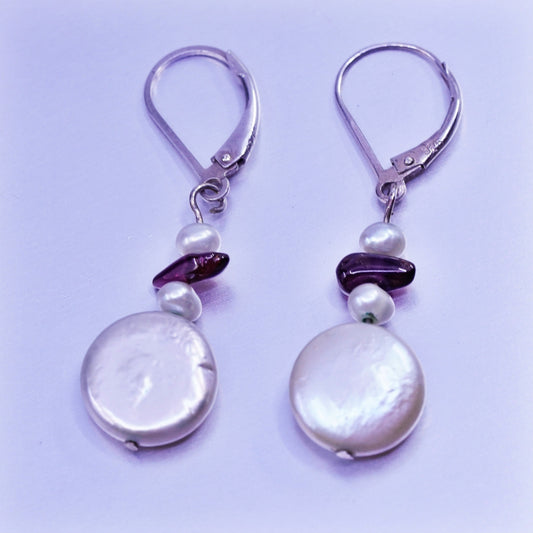 Vintage Sterling 925 silver handmade earrings freshwater coin pearl garnet