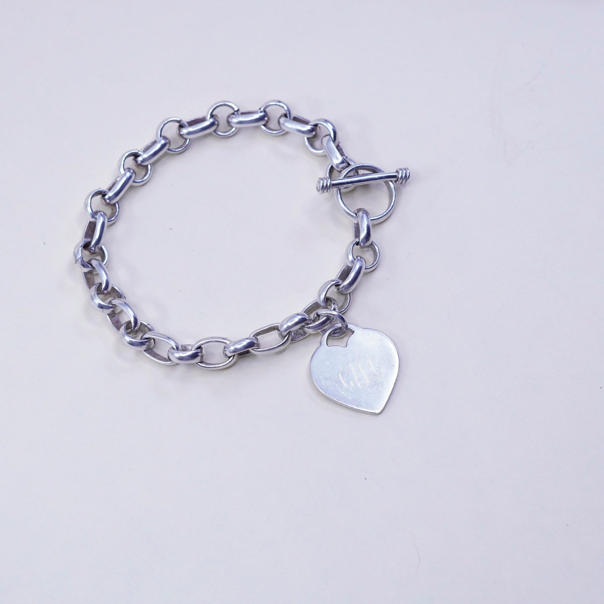 6.5”, sterling silver circle chain, 925 bracelet monogram initial “LVL” charm