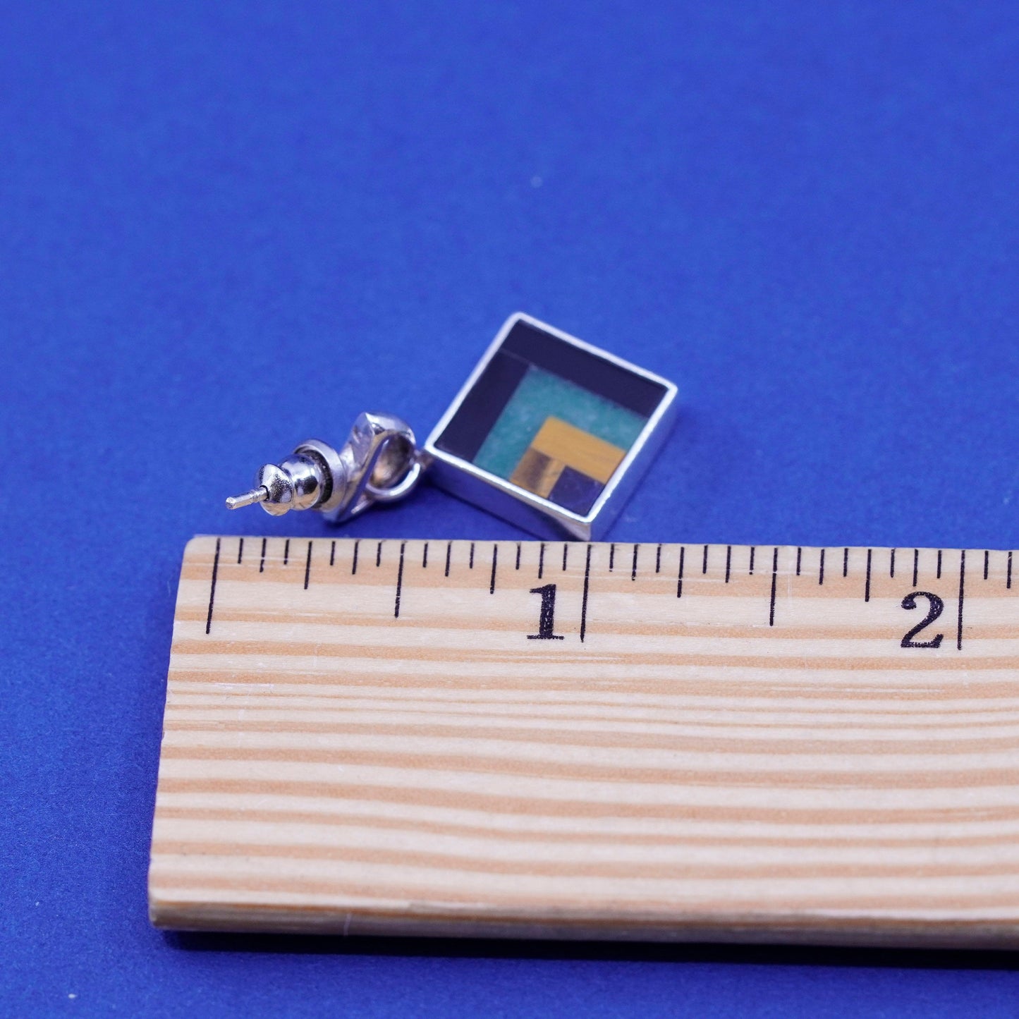 vtg sterling 925 silver handmade square earrings mother of pearl obsidian jade