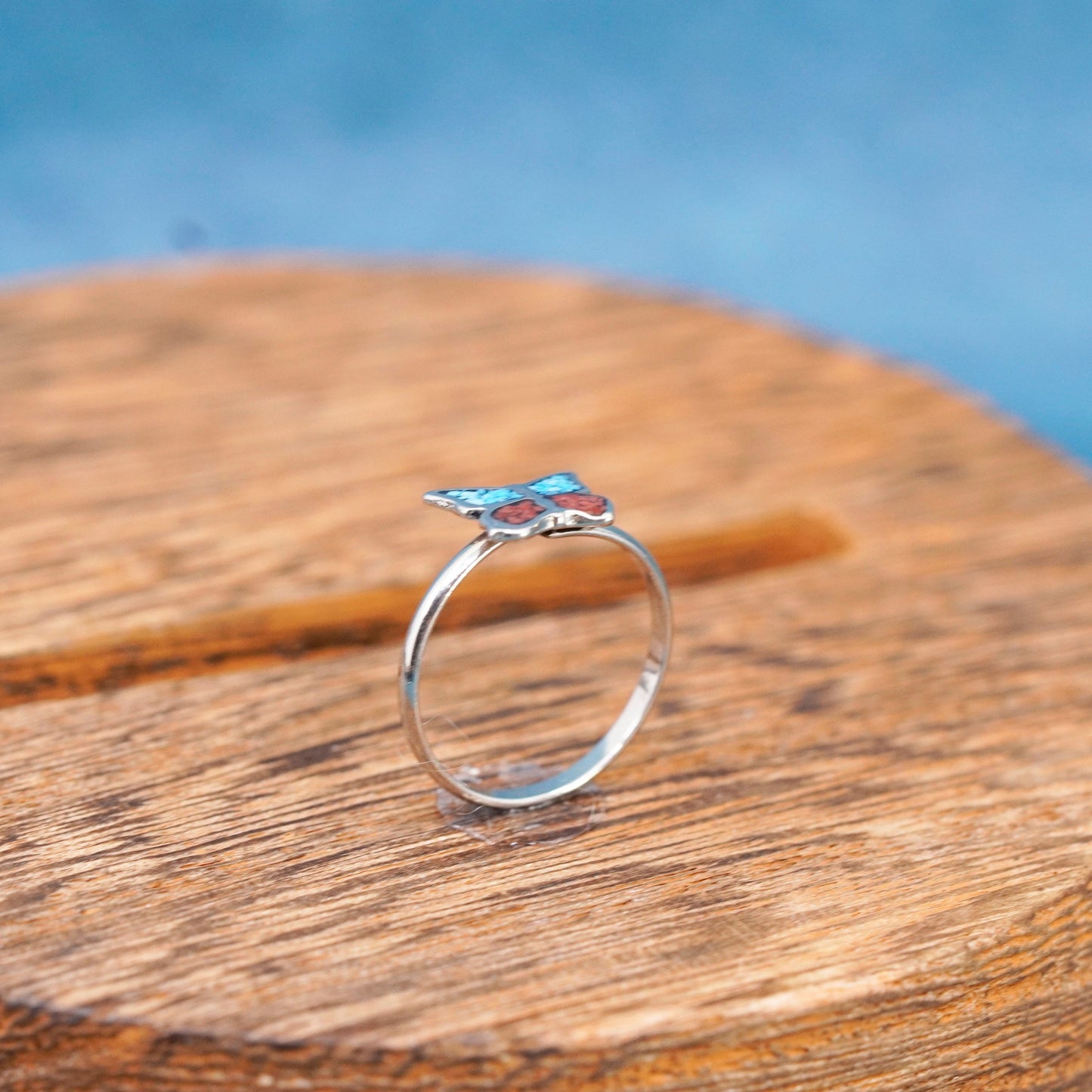 Size 4.25, Native American sterling silver ring, 925 butterfly turquoise coral