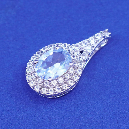 Vintage sterling 925 silver handmade pendant with blue topaz and cz