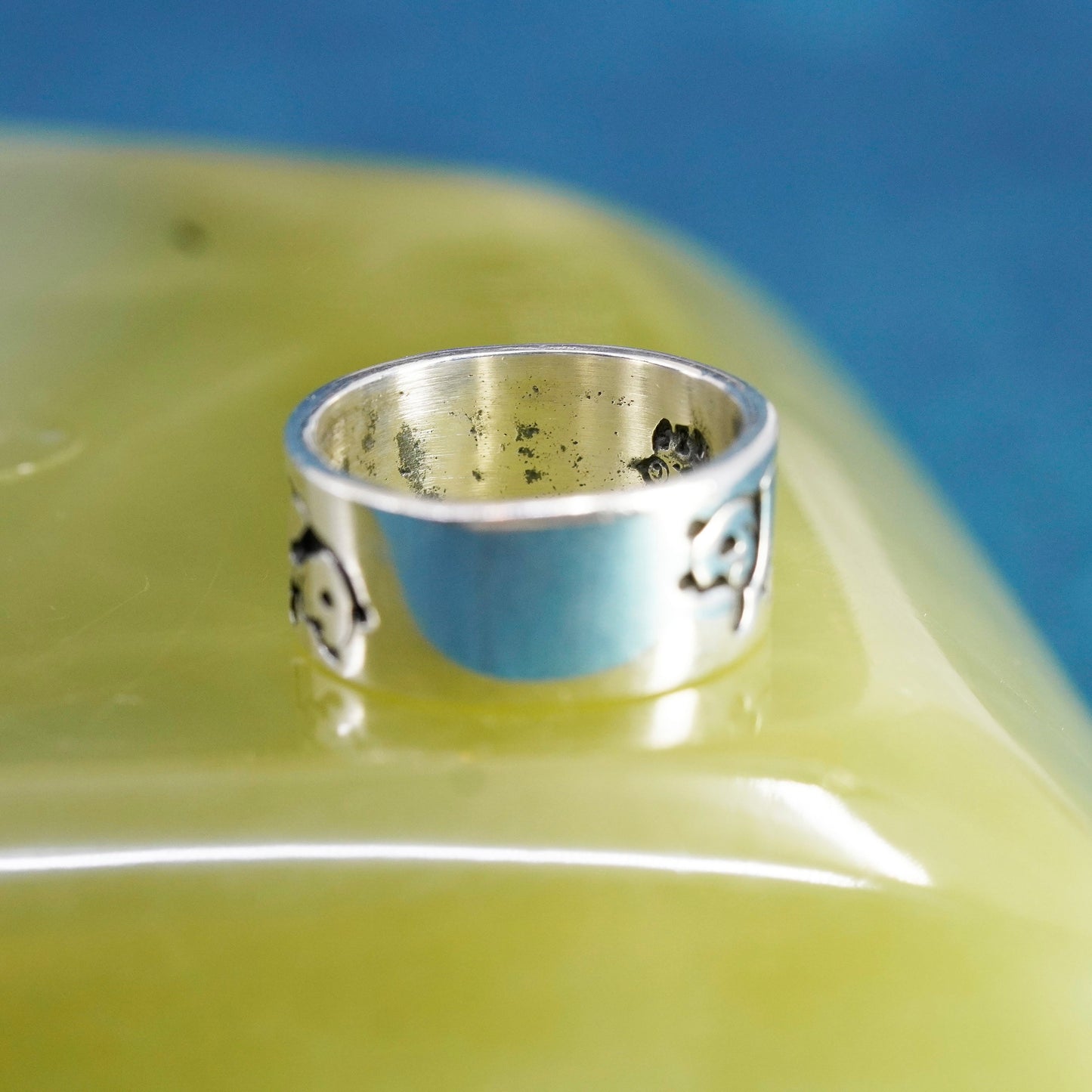 Size 7.75, vintage Sterling silver handmade ring, 925 band with panda Embossed