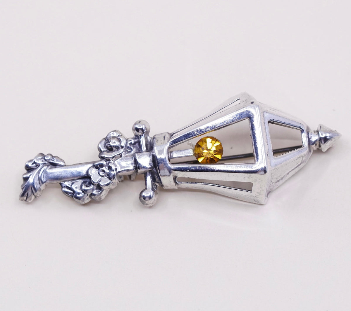 Vintage sterling silver handmade brooch, 925 road lamp light pin