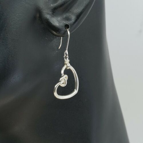 Vtg Handmade Wired 925 Sterling Silver Heart Dangle Hoop Earrings, Stamped 925