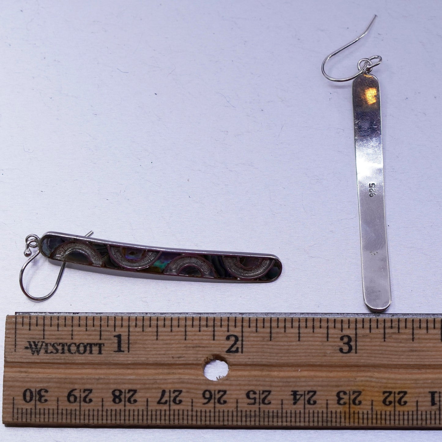 Vintage designer Sterling 925 silver handmade long earrings with abalone