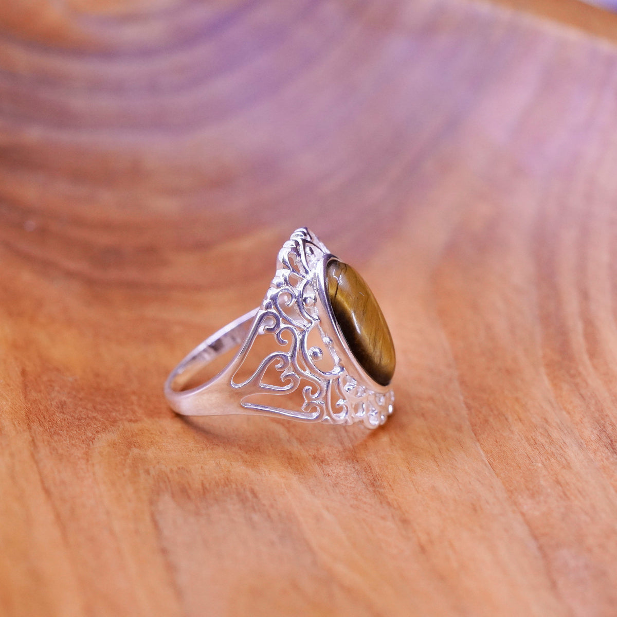 Size 9.25, vintage Sterling 925 silver handmade filigree ring golden tiger eye