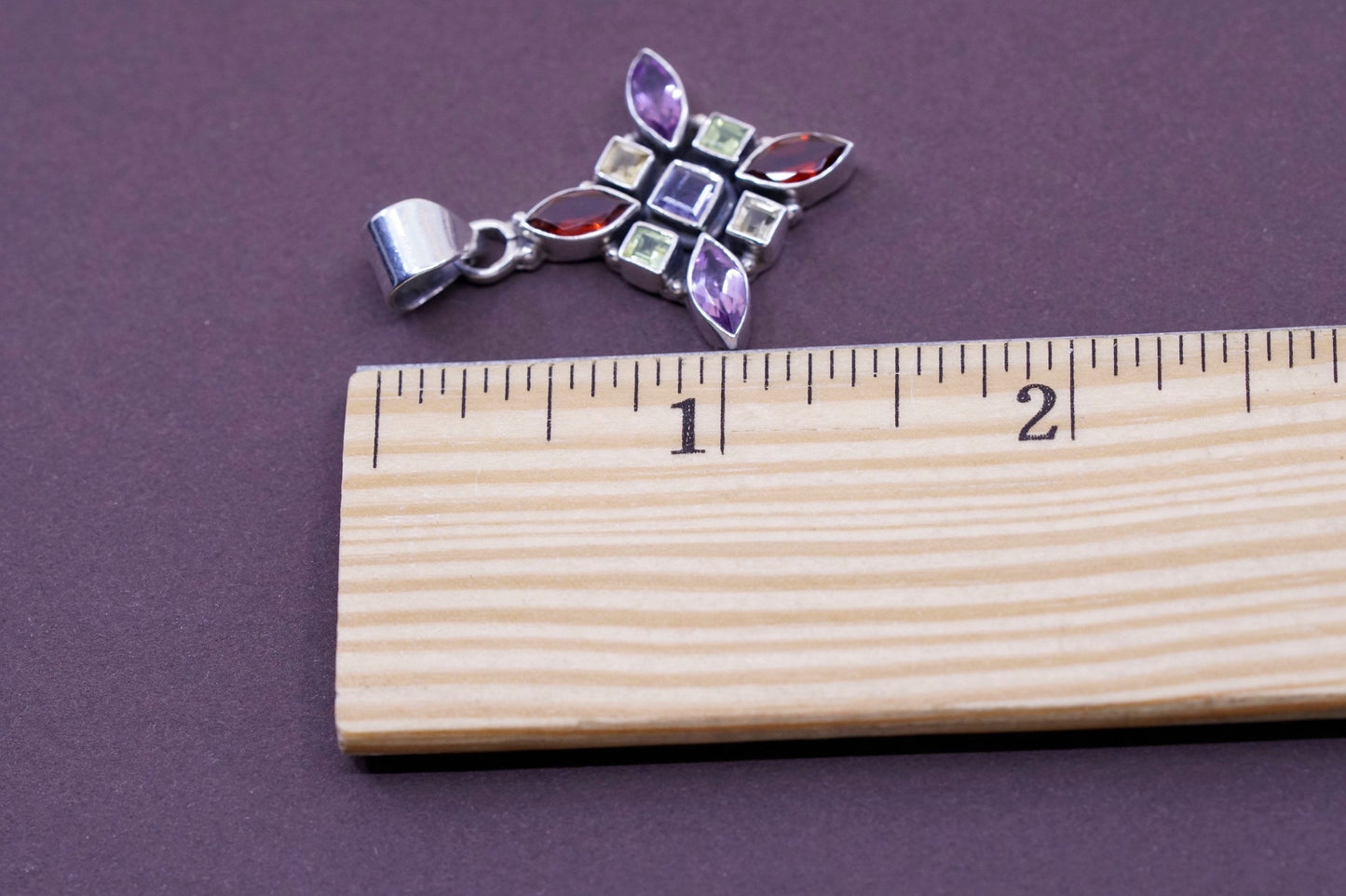 vtg Sterling 925 silver handmade pendant with ruby amethyst citrine and peridot
