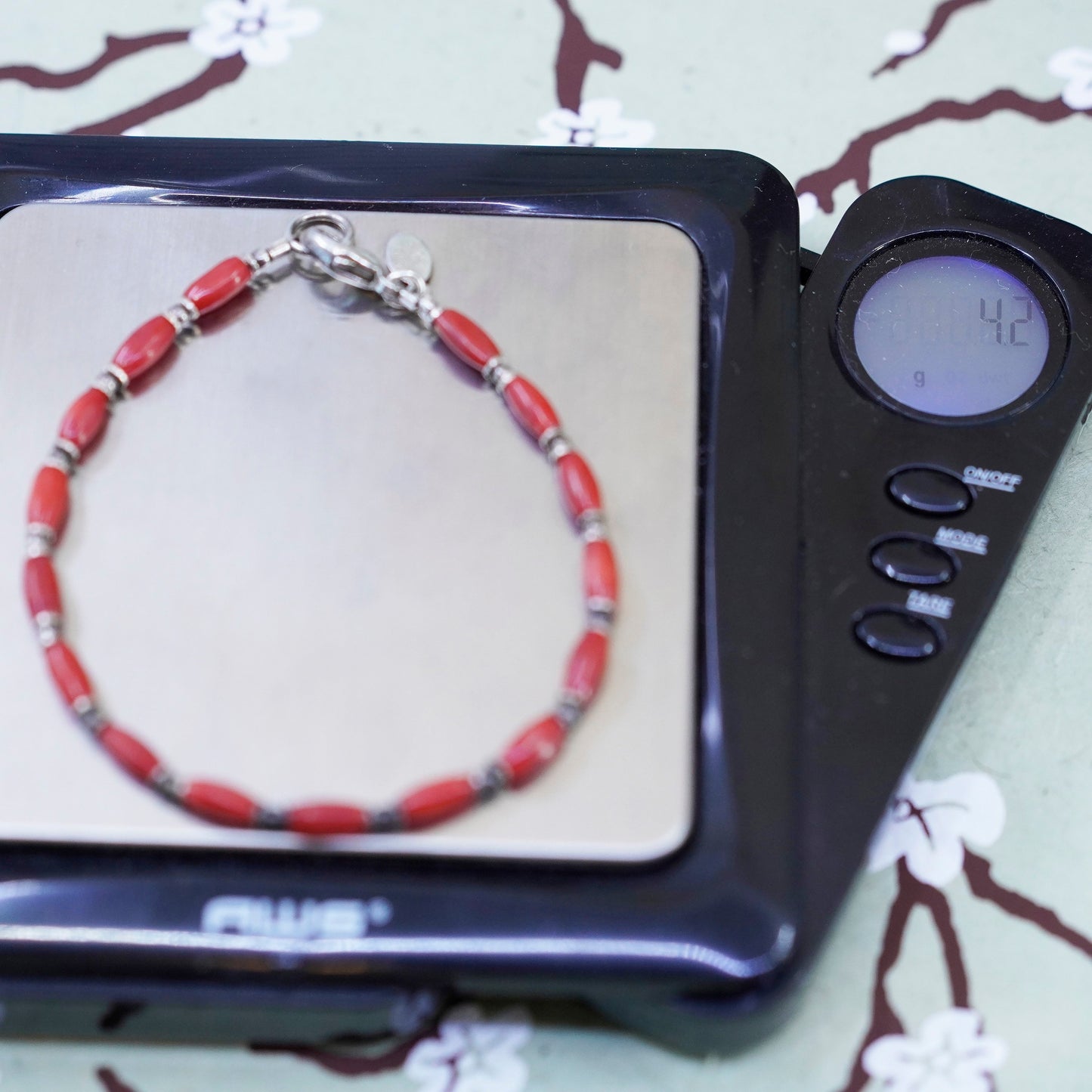 6.75”, southwestern 925 Sterling silver handmade heishi bracelet coral beads