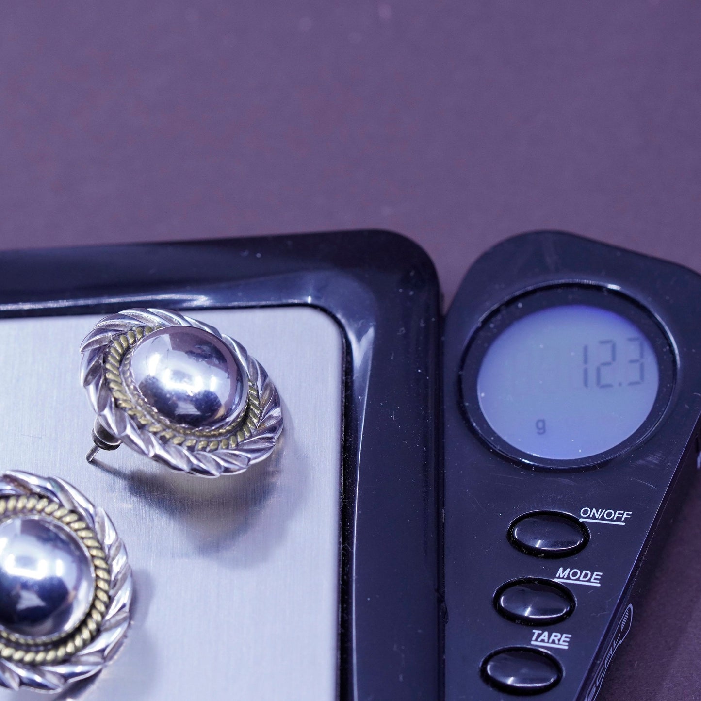 two tone Mexico Sterling silver handmade earrings, 925 studs with brass cable