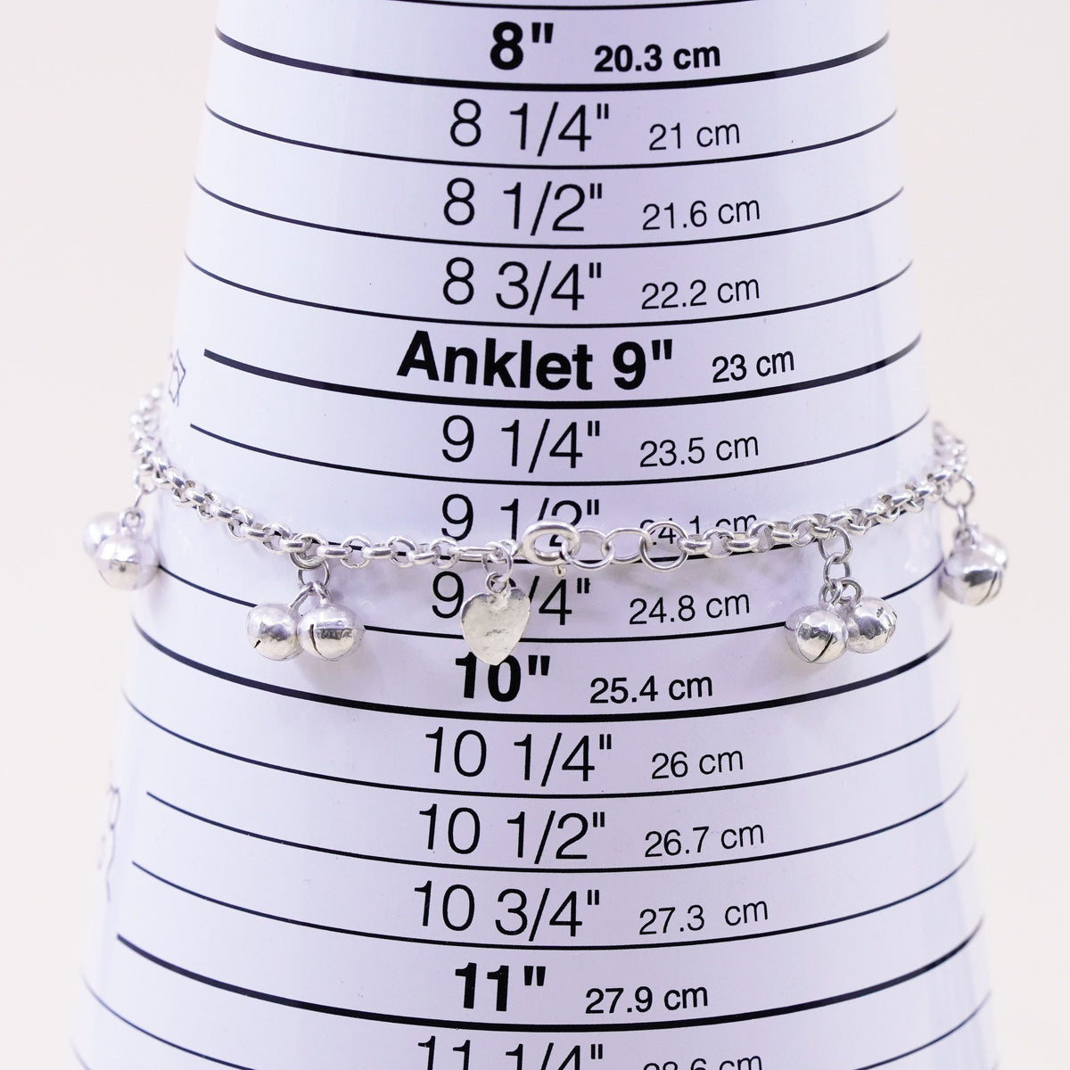 9.5”, Sterling Silver Bracelet, 925 belly dancer chain anklet chime bell charms
