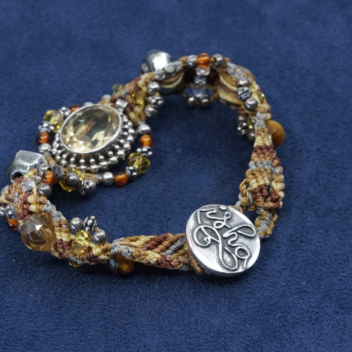 6.25", vtg Sterling silver handmade bracelet, 925 w/ citrine N linen braided