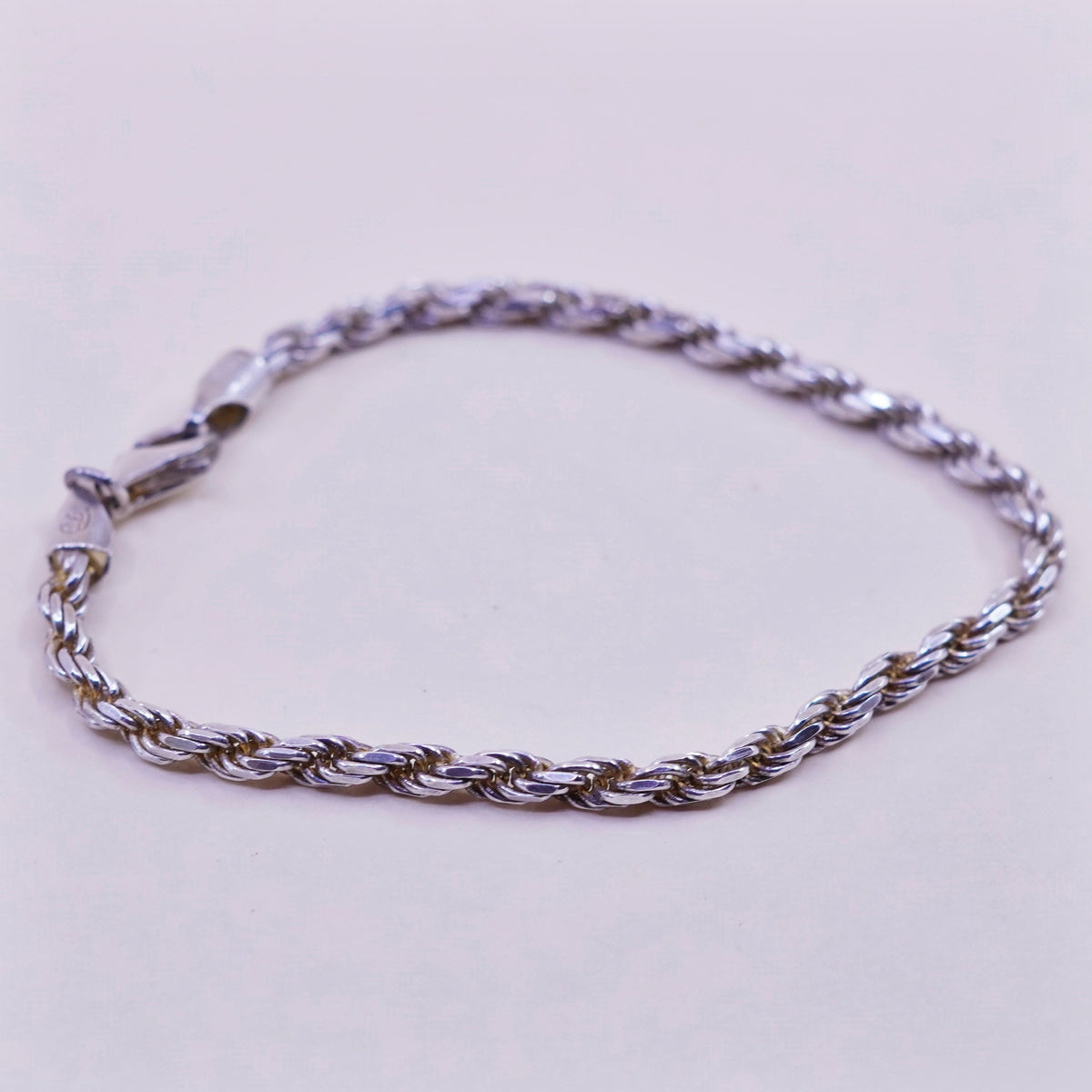 7.75”, 3mm, Vintage sterling 925 silver Italy rope chain bracelet
