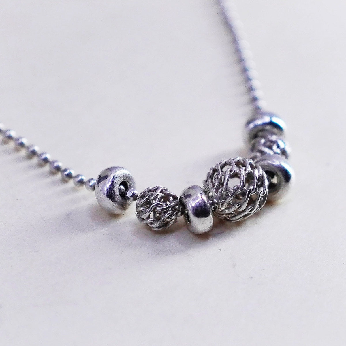 16”, vtg sterling 925 silver handmade bead chain necklace with filigree beads