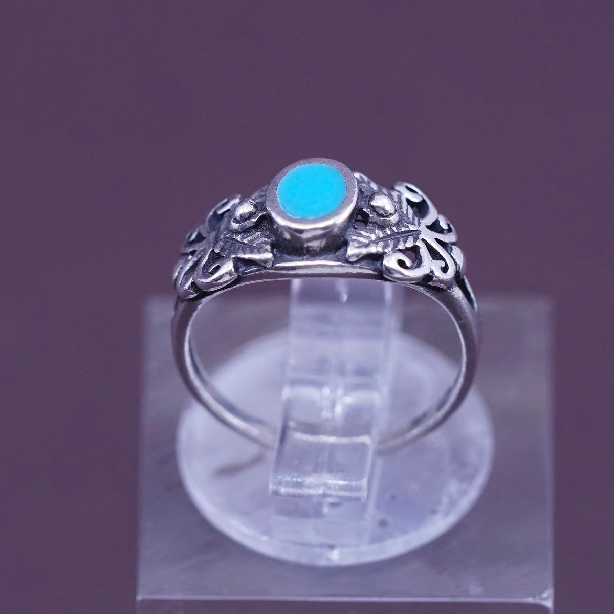Size 1.5, vtg Sterling 925 silver handmade ring w/ turquoise N filigree flower