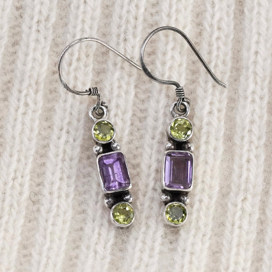Vintage sterling 925 silver handmade earrings with amethyst peridot