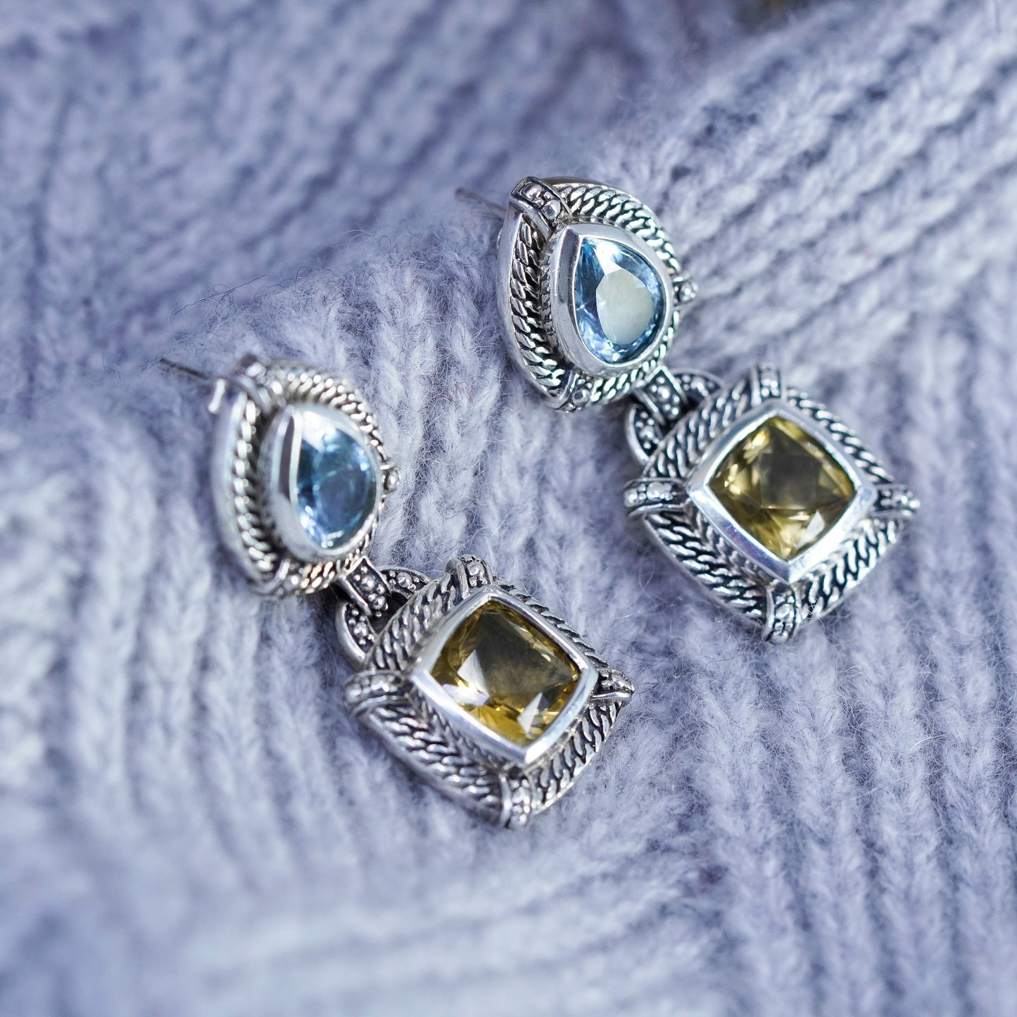 Vintage Sterling 925 silver handmade earrings with citrine and topaz and cable