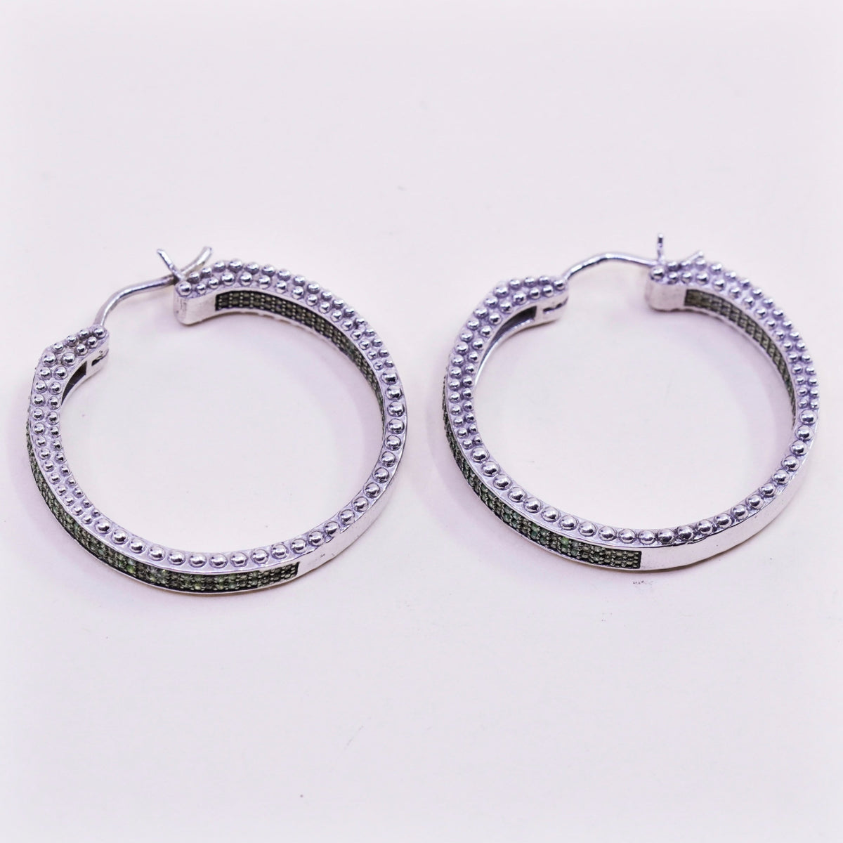 1.25”, sterling silver earrings, 925 silver hoops, Huggie with cluster emerald