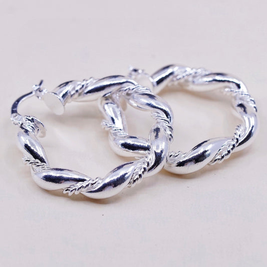 1.5”, vtg sterling silver loop earrings, primitive Ribbed twisted hoops, huggie