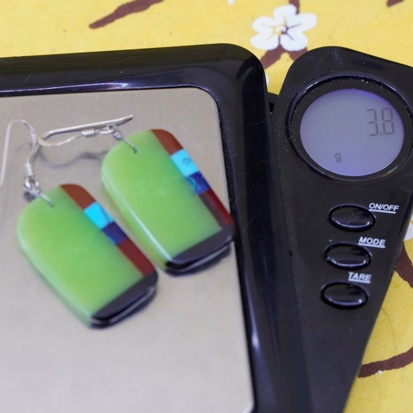 Vintage Sterling 925 silver handmade earrings green resin rectangular dangle