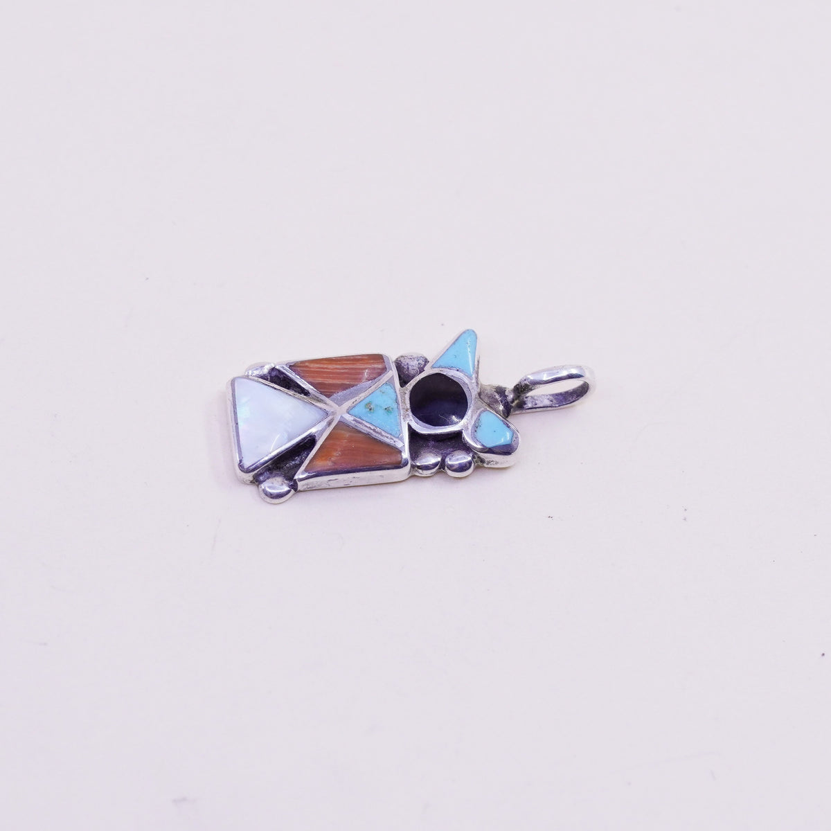 Sterling silver pendant, Navajo 925 runner bird turquoise coral mother of pearl