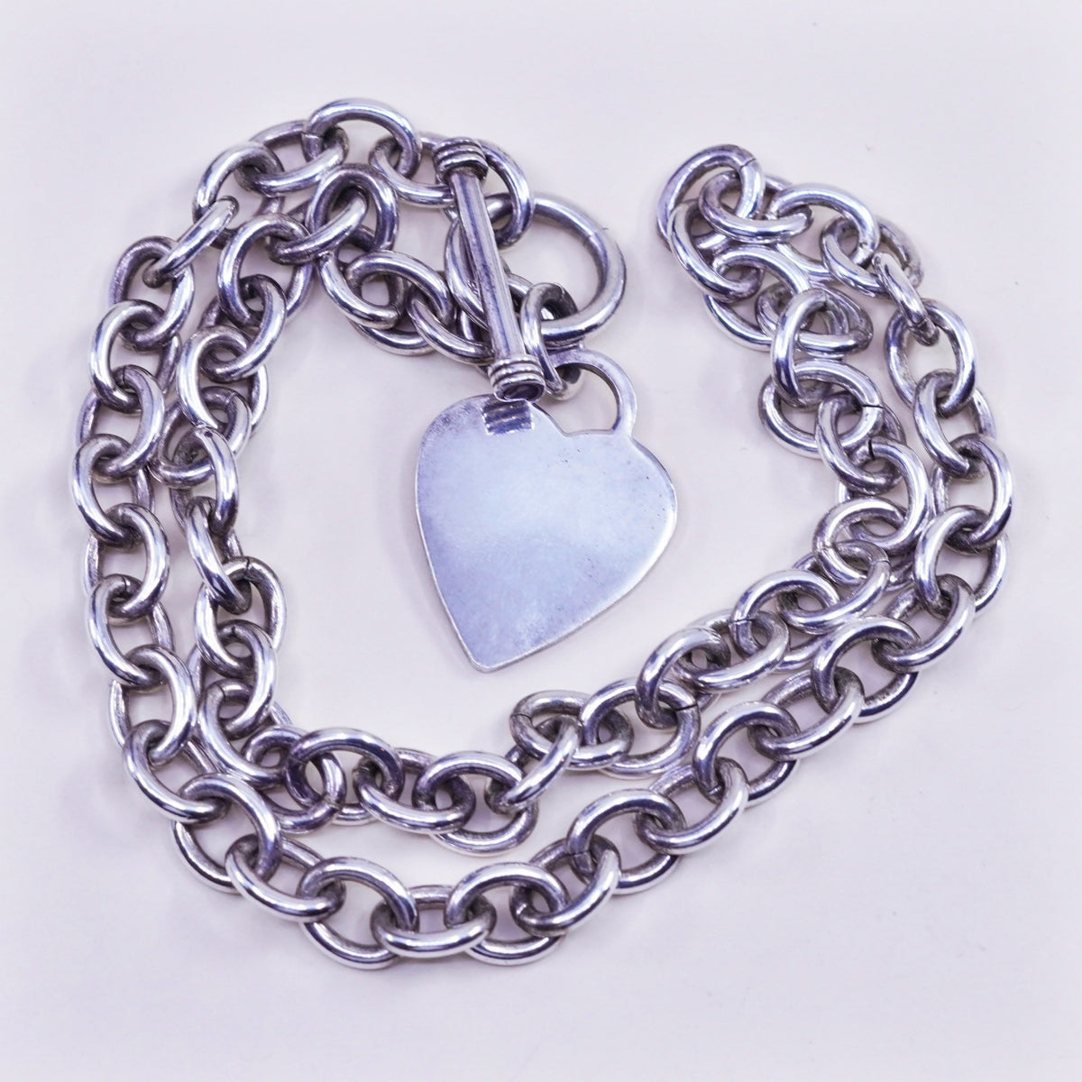 18”, sterling silver charm necklace, 925 handmade bold circle chain heart charm