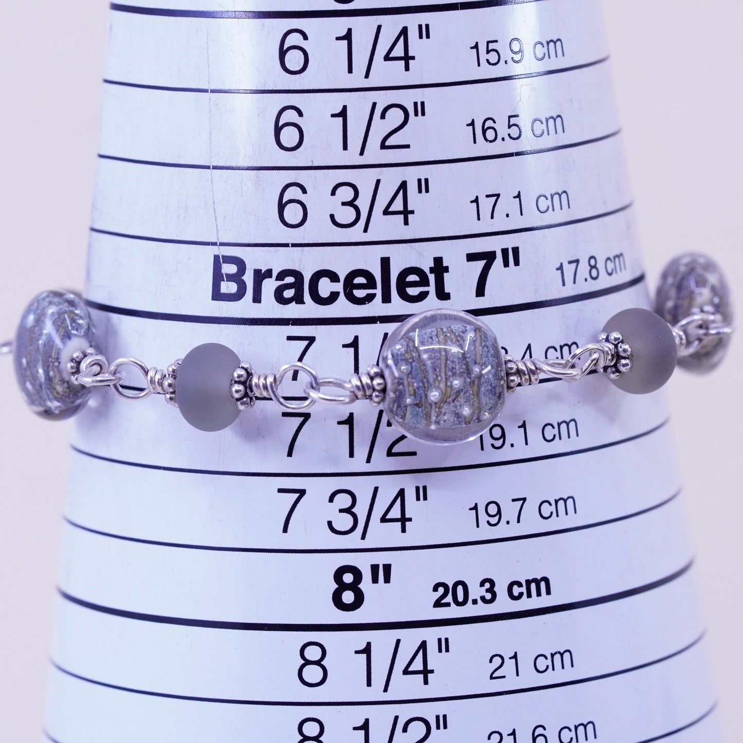 7.25”, vintage 925 Sterling 925 silver beads bracelet with artisan foiled glass