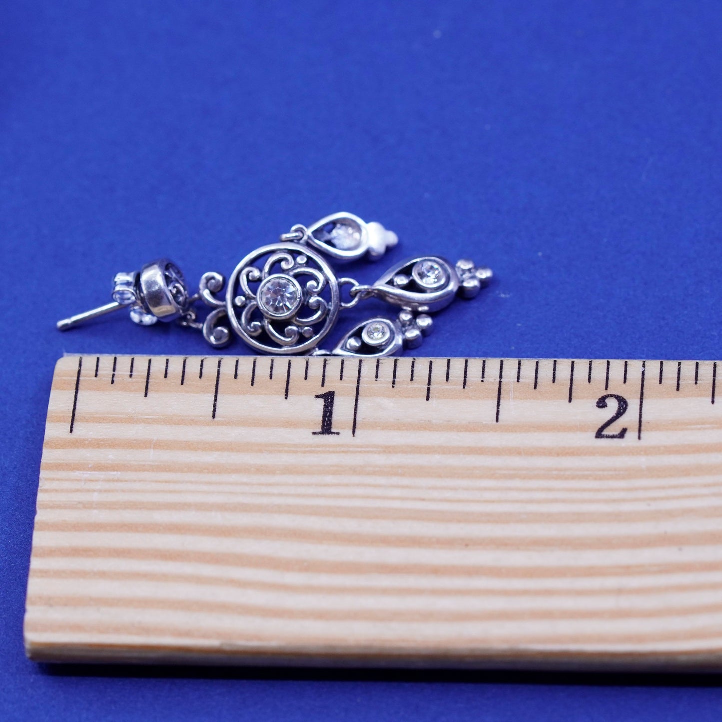Vintage CNA sterling silver earrings, 925 filigree Bali teardrop drop with Cz