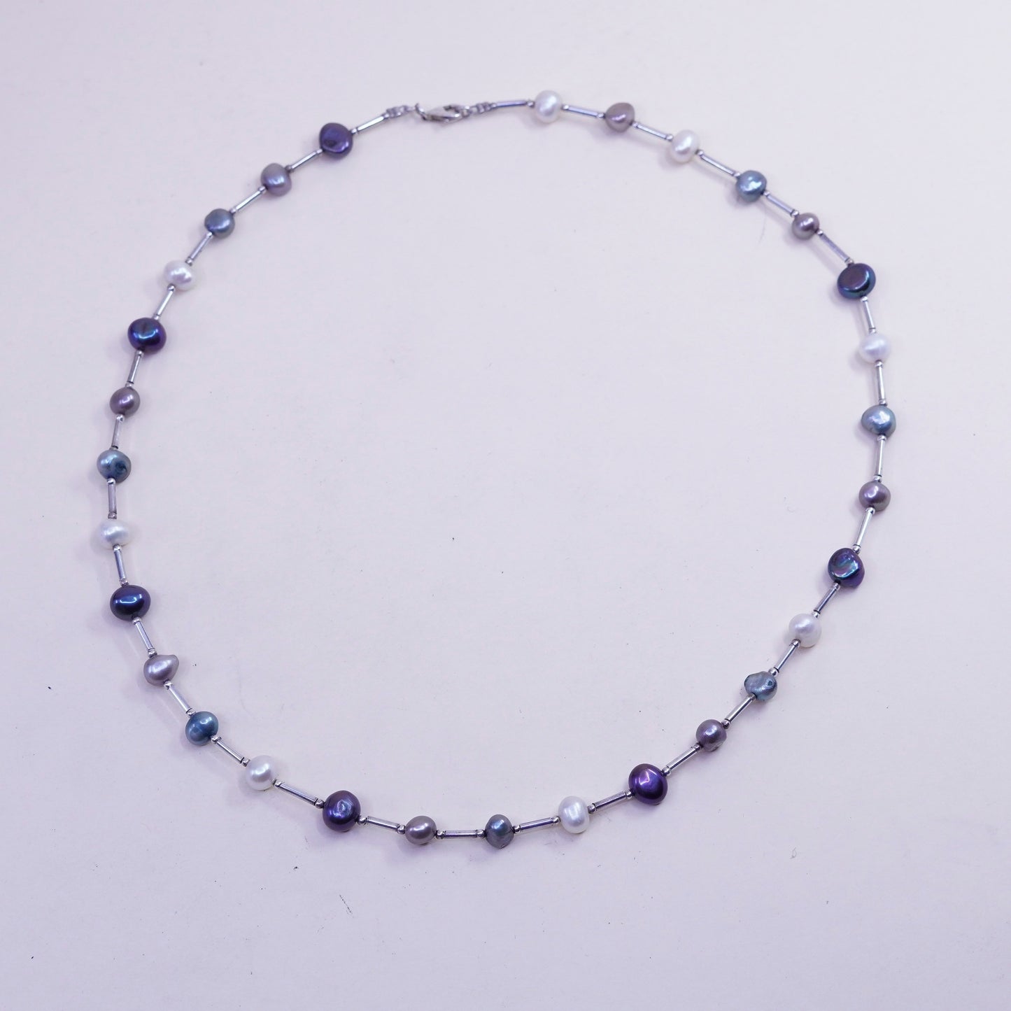 20”, Vintage genuine pearl beads necklace chain with sterling 925 silver bar