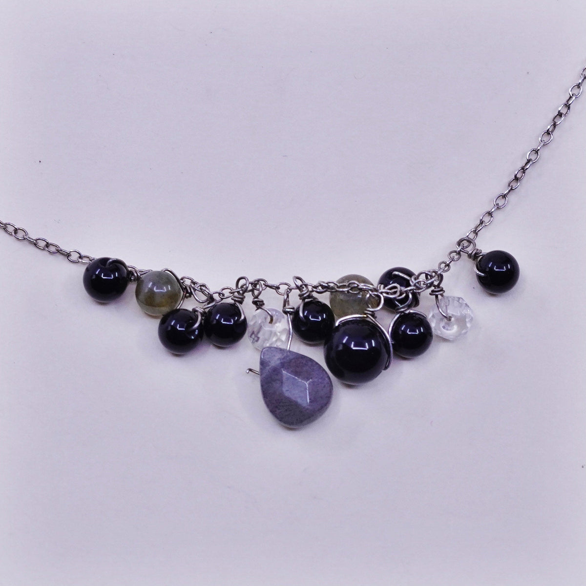 18”, Sterling 925 silver necklace chain cluster labradorite obsidian beads