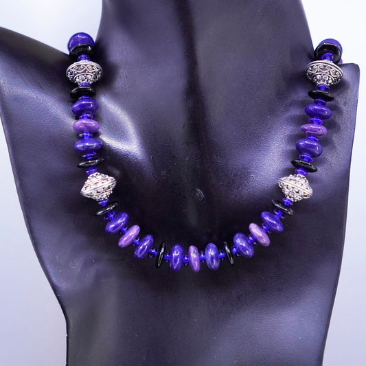 28”, vintage sterling 925 silver handmade necklace with lapis lazuli disc beads