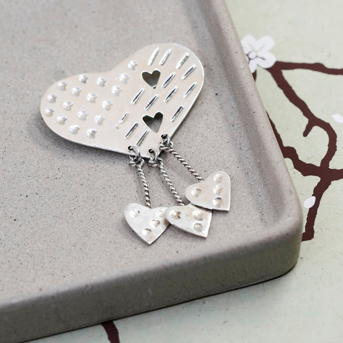 Vintage Mexico Sterling silver handmade brooch, 925 heart pin with dangles