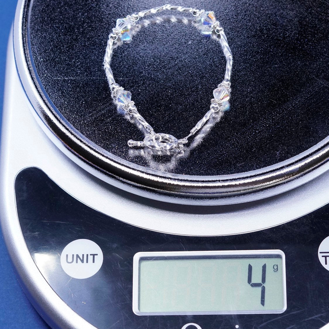 6", vtg Sterling silver handmade bracelet, 925 twisted bar w/ crystal