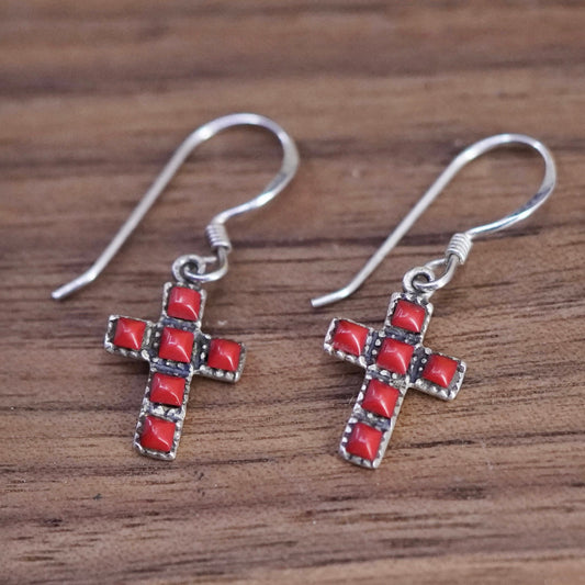 Vintage southwestern Sterling 925 silver handmade cross earrings with coral