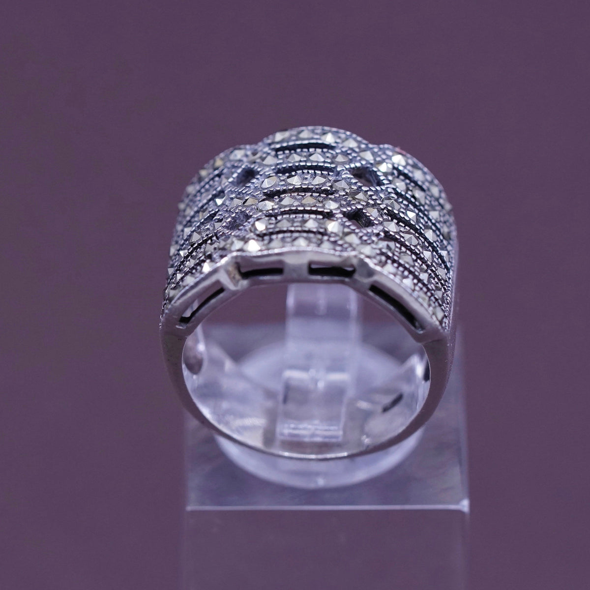 sz 7, vtg Art Deco Sterling silver handmade ring, wide 925 band with marcasite