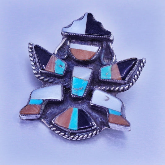 Vintage Native American Sterling 950 silver handmade brooch pin turquoise coral