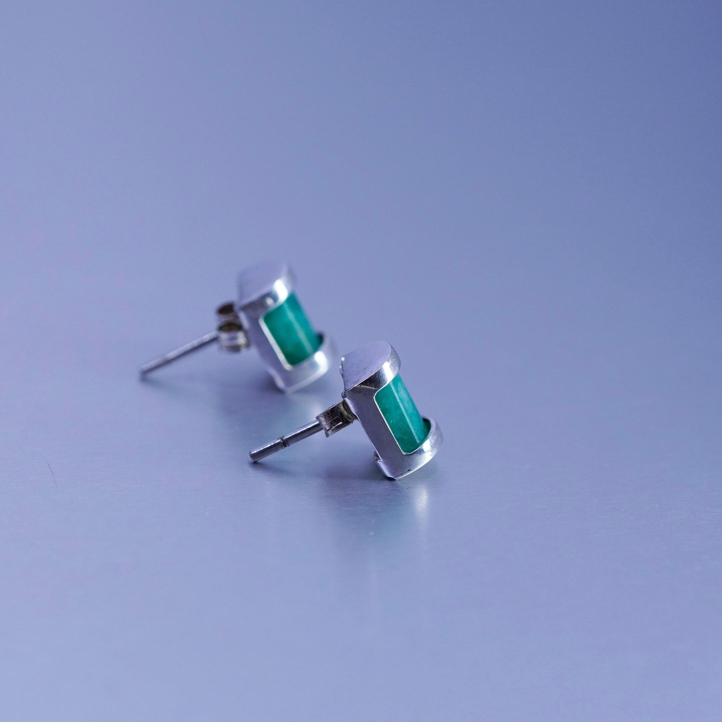 Vintage Sterling 925 silver earrings, square studs with jade