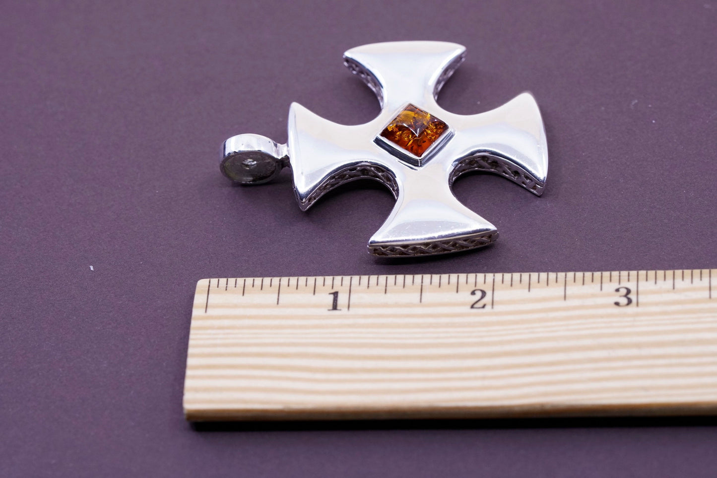 vtg ESPO Sterling silver pendant, 925 Jerusalem cross with filigree and amber