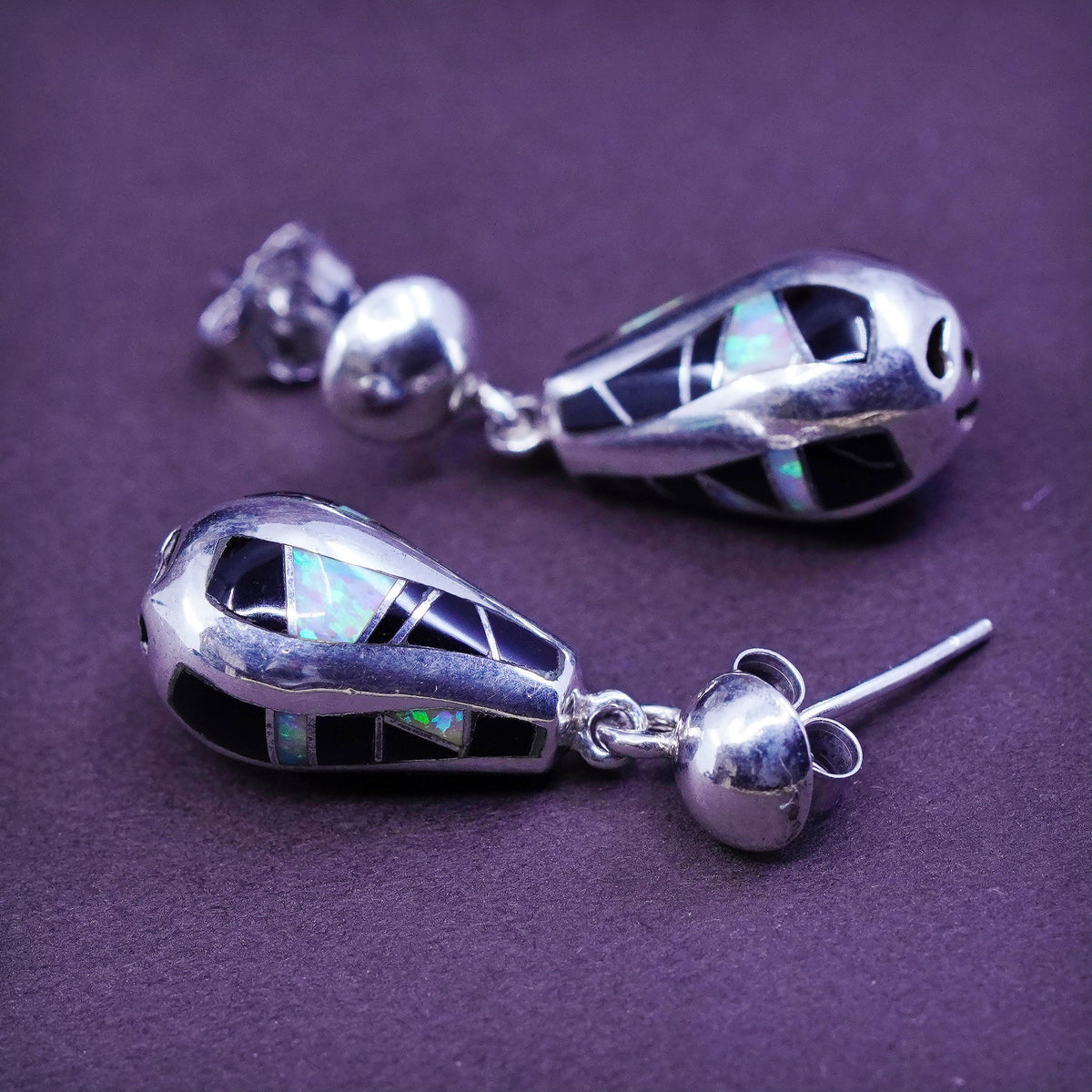 Native American sterling silver earrings, zuni 925 teardrop w/ obsidian opal