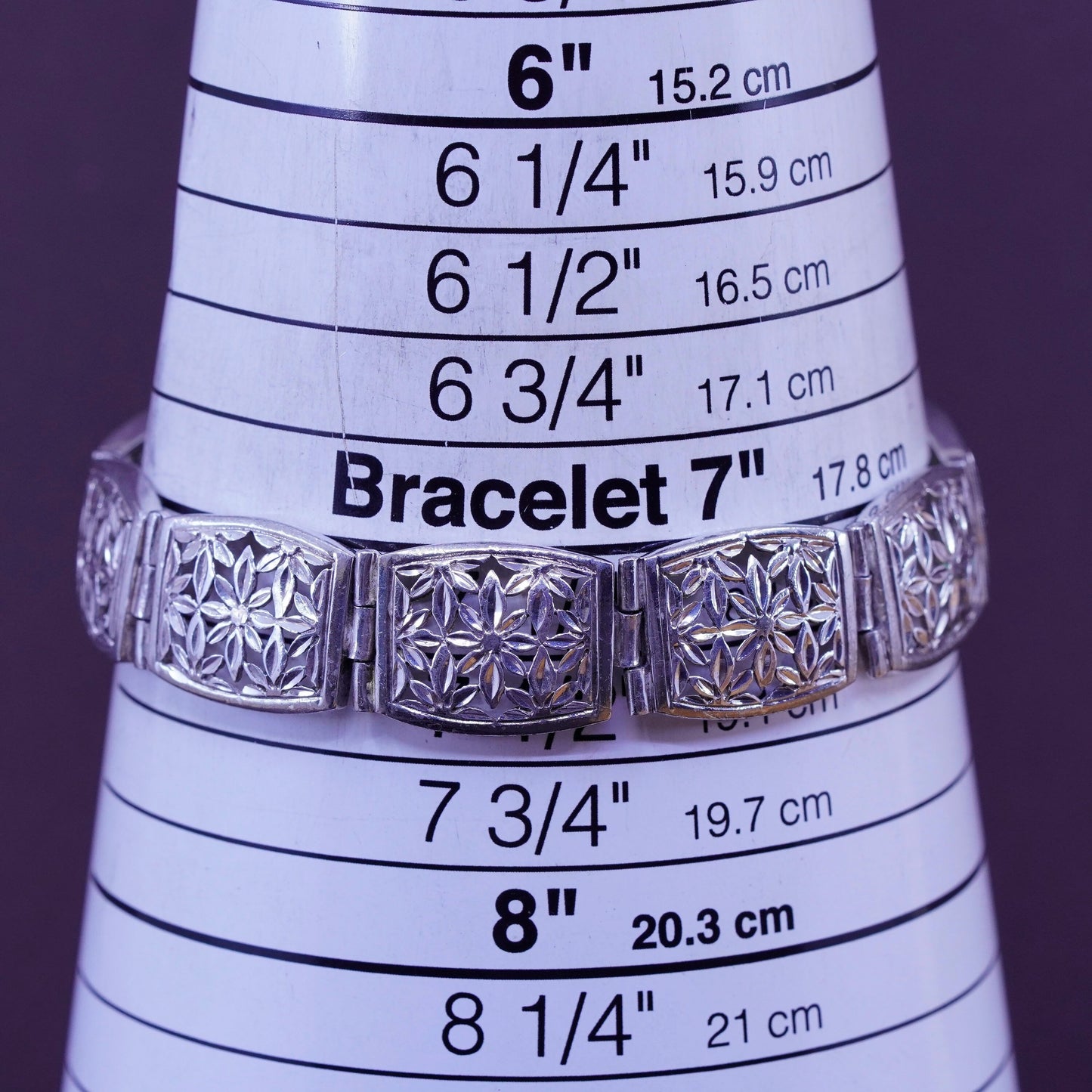 7.25”, vintage Sterling silver handmade bracelet, 925 filigree leafy links