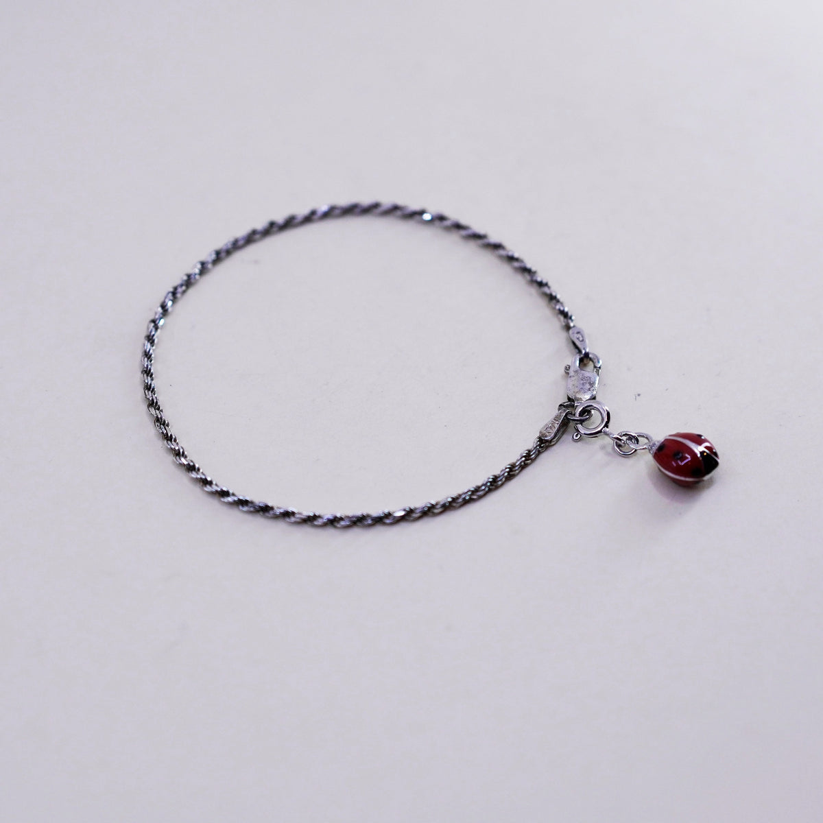 6.75”, sterling silver bracelet, Italy 925 rope chain enamel lady bug charm