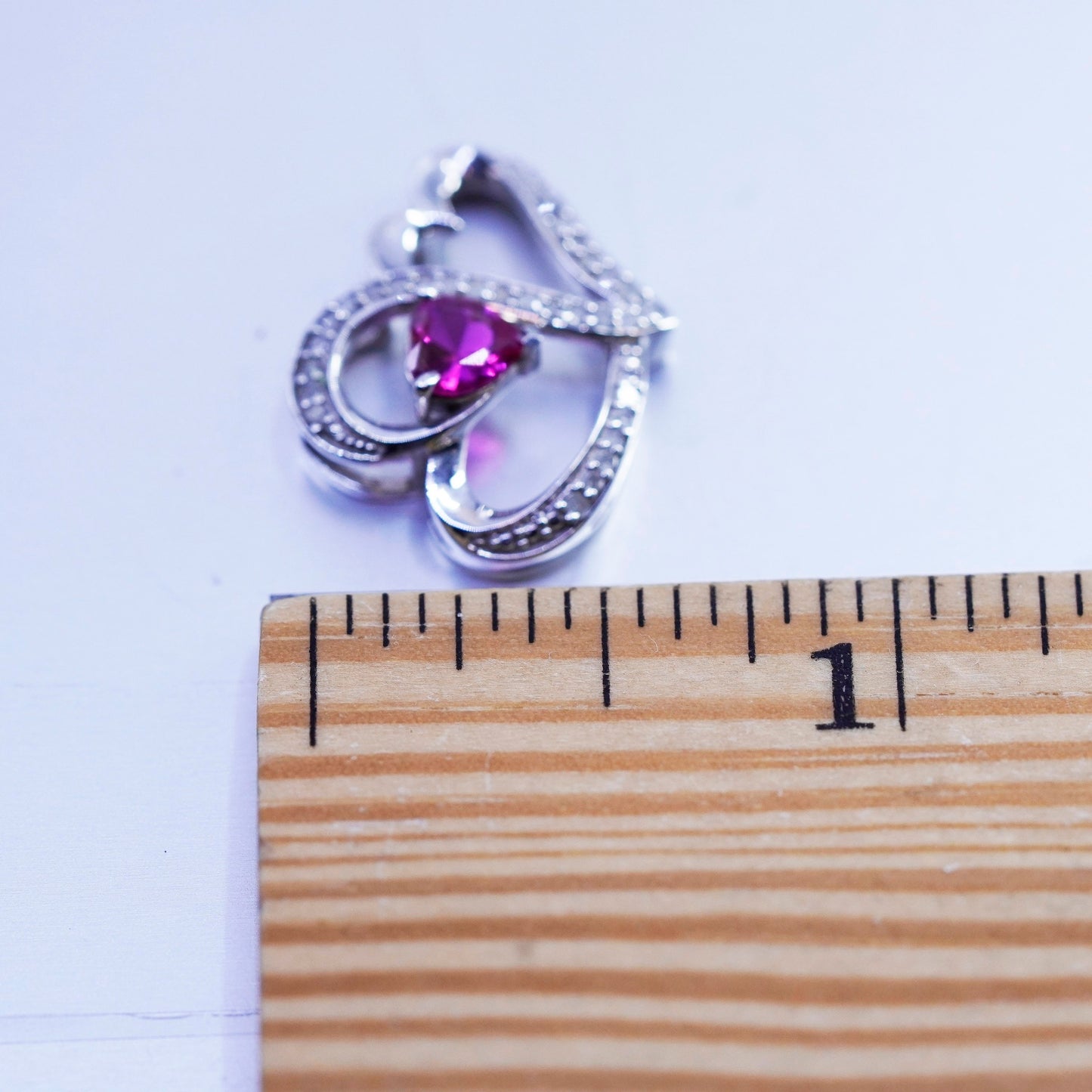 Vintage sterling 925 silver double heart pendant with diamond and ruby
