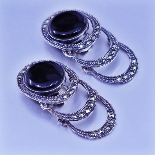 Vintage Sterling 925 silver handmade earrings, clip on black onyx marcasite