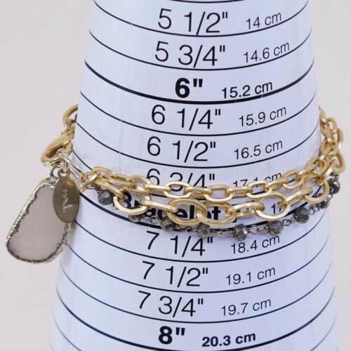 7” Gold Tone Multi Strands bracelet, Oval Chain W/ Hematite Beads N Druzy Charm
