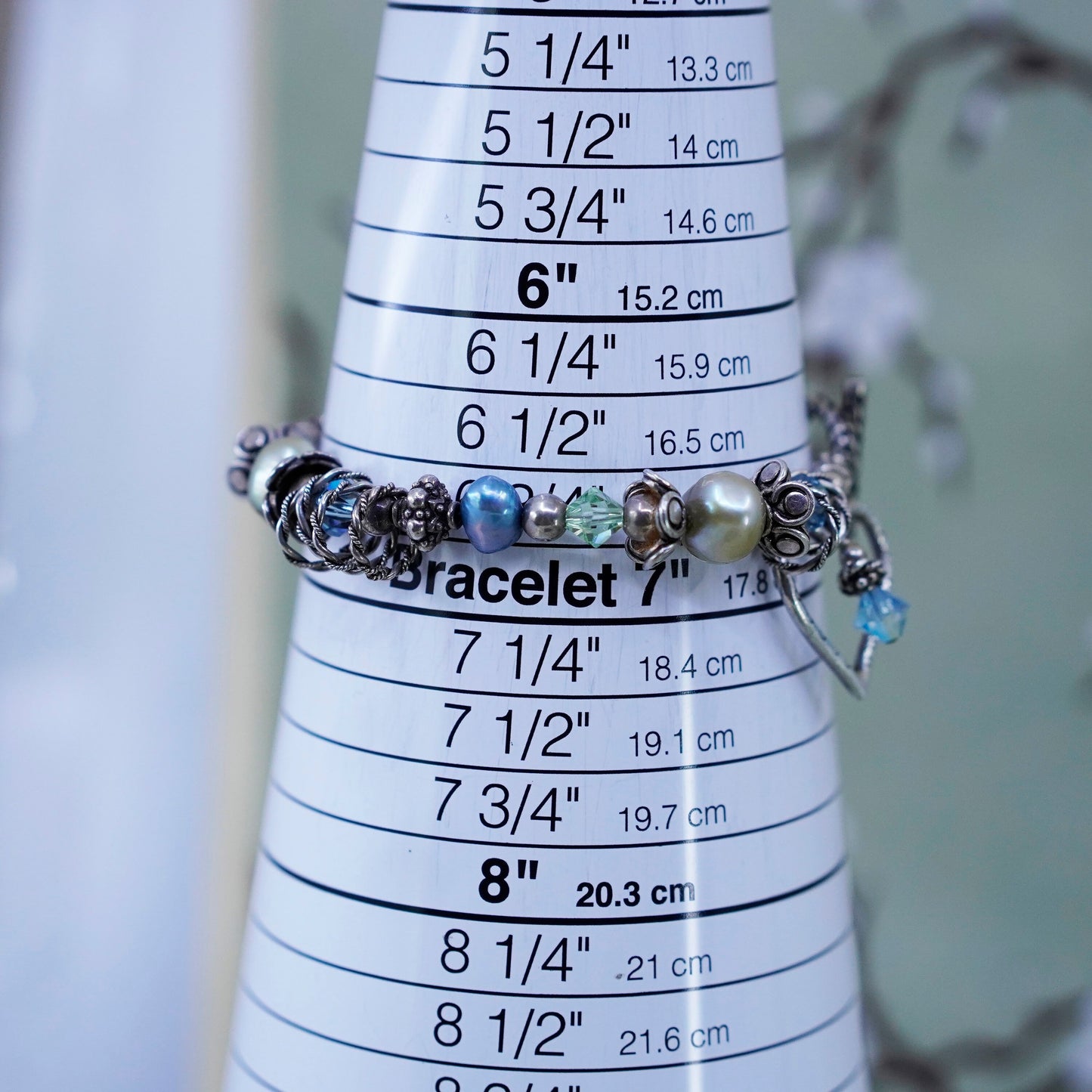 6.75”, Vintage bracelet, pearl crystal w/ sterling 925 silver beads heart charm