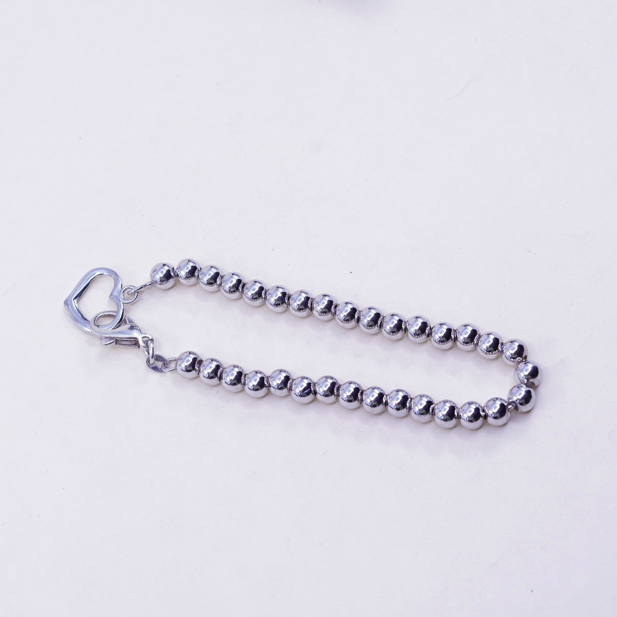 8”, 6mm, Sterling silver handmade bracelet, 925 beads chain with heart charm