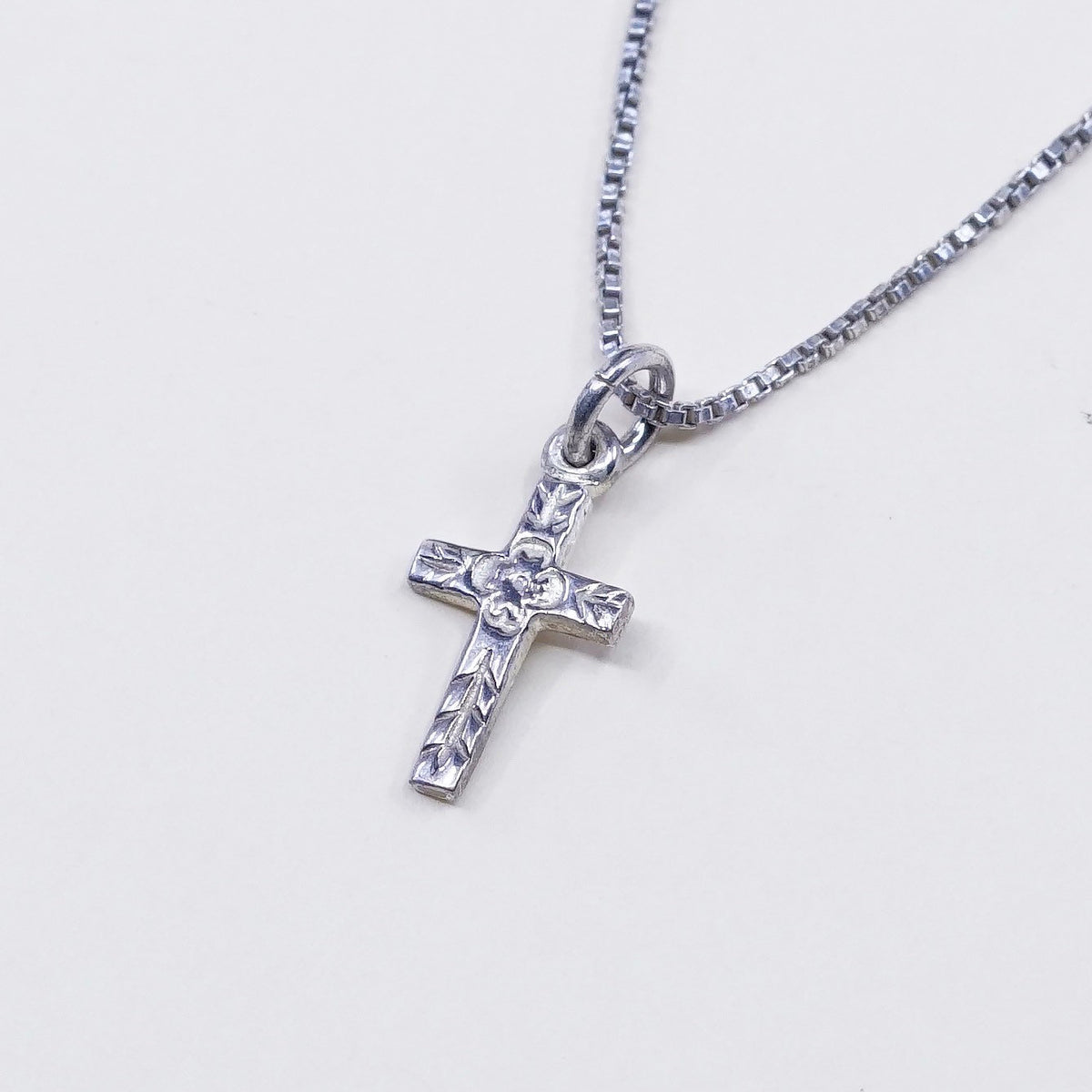 18”, 1mm, Vintage sterling silver box chain w/ cross pendant, necklace
