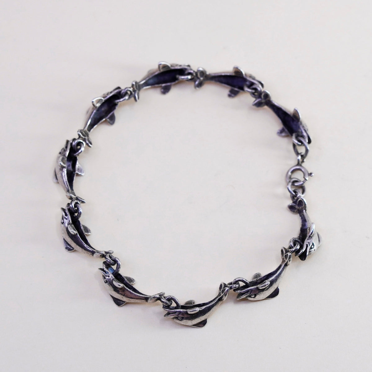7.25”, vintage Sterling silver handmade bracelet, 925 dolphin links chain