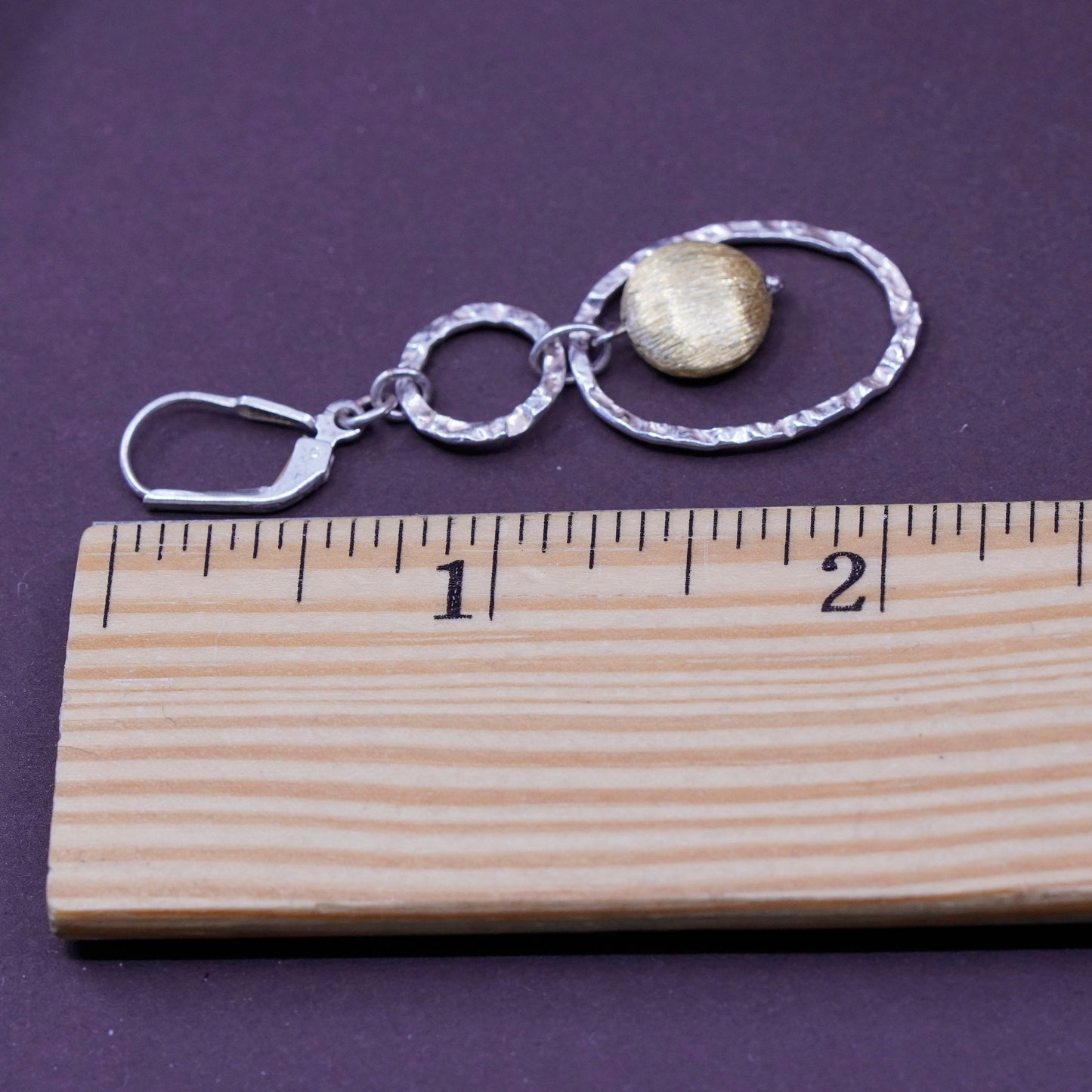 two tone Sterling 925 silver handmade circle earrings with brass bead dangles