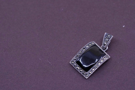 Vintage Sterling 925 silver handmade sided pendant with obsidian and marcasite