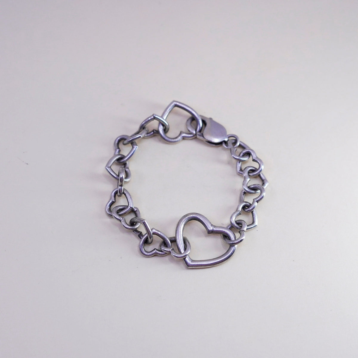 6”, Vintage sterling silver handmade link bracelet, 925 heart chain